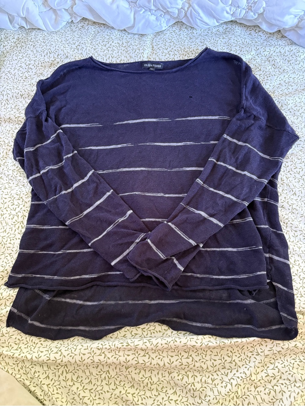 Eileen Fisher Navy and Light Gray Striped Boatneck Long Sleeve Top